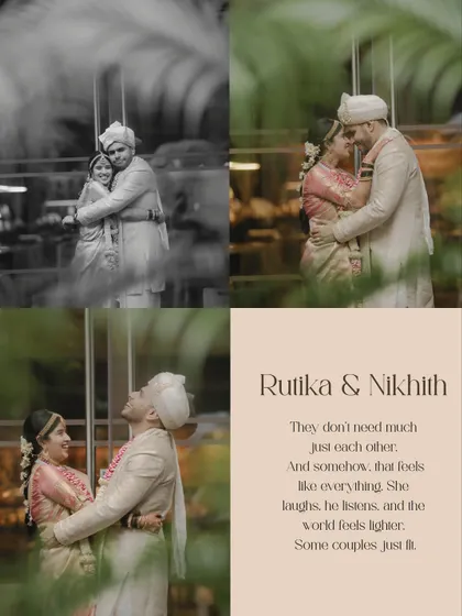 A collage celebrating a couple's connection. It combines color and black and white photos to show their laughter, their embrace, and the simple truth that they just fit.