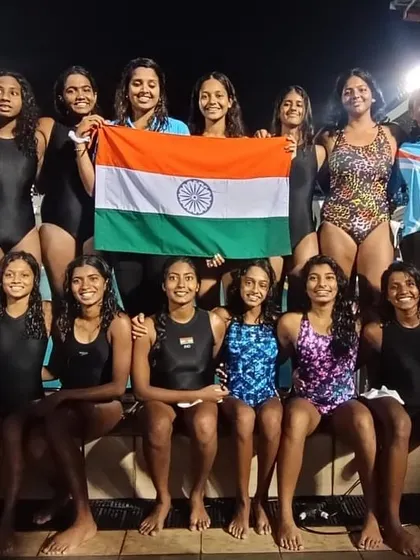 Our women's water polo athletes holding the Indian flag after winning the Indo-Sri Lanka U21 series. We are proud of their contribution to Team India's clean sweep victory.