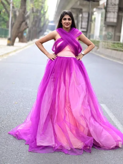 A full view of our double-shade gown, which can be styled in multiple ways with its versatile straps.