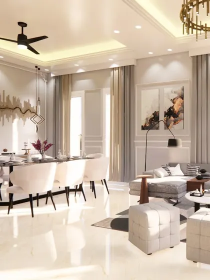 This render presents an open-plan living and dining area, showing how the two spaces can coexist harmoniously with a cohesive color palette and design language.