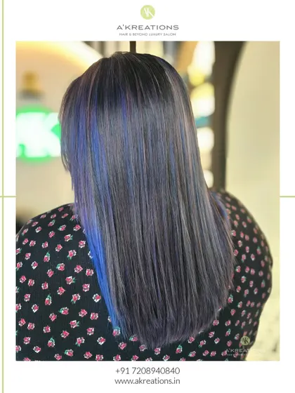 Another view of the indigo and lilac hair, showing how the colors shift and catch the light.