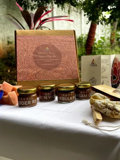 This is our DIY Eco-Resist Natural Dye Kit, designed for creating intricate patterns. The kit provides all the tools and materials to explore resist-dyeing techniques at your own pace, guided by our tutorials.
