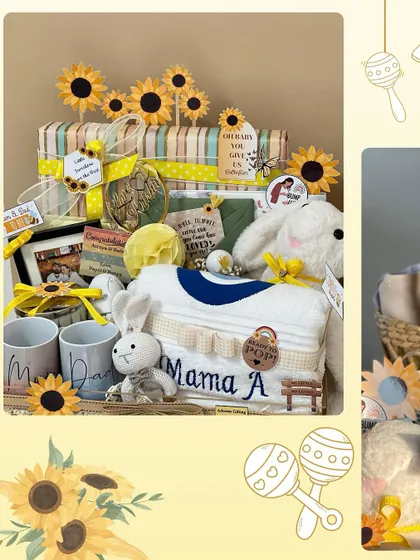 A closer look at the contents of the sunflower hamper, featuring a soft bunny toy, custom towels, and other items all tied together with a cheerful yellow theme.