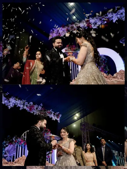 The ring exchange ceremony, captured under a shower of confetti. This shot freezes a moment of pure celebration and joy.