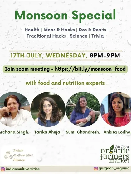 Another poster for our free 'Monsoon Special' podcast. We bring together experts in traditional foods, macrobiotics, millets, and climate to share their knowledge. It's all about making informed choices for a smart, nourishing life.