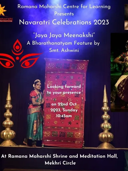 An invitation to our Navaratri celebration featuring 'Jaya Jaya Meenakshi', a Bharatanatyam performance. The powerful imagery of the goddess sets the tone for this auspicious festival.