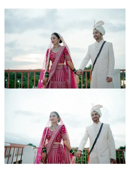 A diptych of the couple holding hands, capturing a classic and elegant portrait from their North Indian wedding.