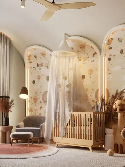 A render for a beautiful nursery in a Kolkata home. The design features whimsical hot air balloon wallpaper set within arched panels with soft backlighting, creating a magical and serene atmosphere.