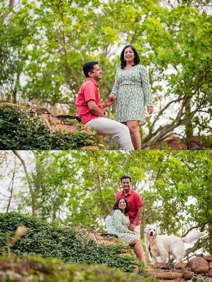 A collage of a couple and their dog enjoying a day out in nature, capturing their candid moments and shared love for the outdoors.