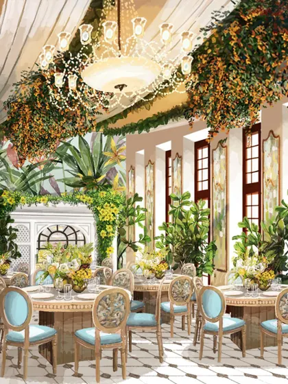 A look into our design process. These concept sketches show how we envision transforming a conventional ballroom into a charming space with an al fresco feel, complete with color options and detailed layouts.