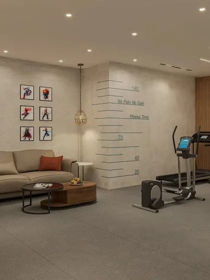 The design integrates a workout space with a cozy lounge area, featuring motivational quotes on the wall.