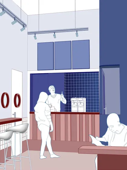 A conceptual illustration for the 'Flip N Fold' diner shows our initial vision for the counter area. These drawings help us and the client visualize the atmosphere, scale, and color scheme before the design is finalized.