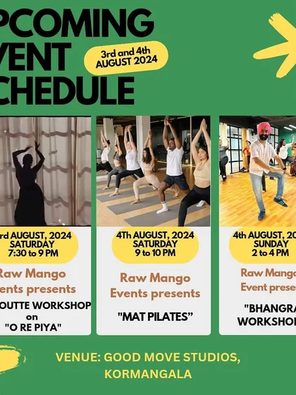 Our schedule for the first weekend of August, showcasing the variety we offer: a Silhouette workshop, Mat Pilates, and a Bhangra workshop.