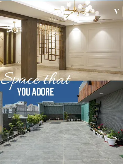 We design spaces you will adore, both inside and out. This image contrasts a beautifully lit, expansive interior with a serene rooftop terrace, showing our ability to craft luxury in every part of the home.