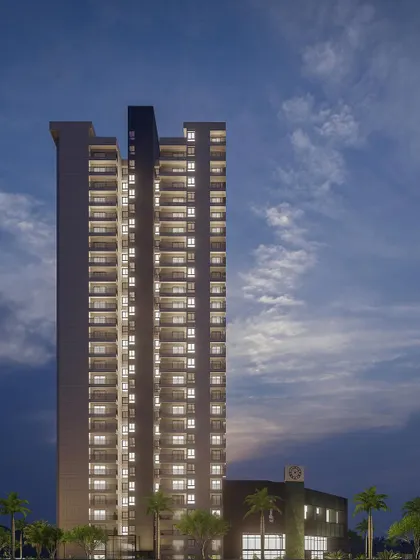 This rendering shows a 29-storey mixed-use development in Bangalore, combining a residential tower with office and recreation facilities at its base. The design addresses the complexities of high-rise living in a dense urban context.