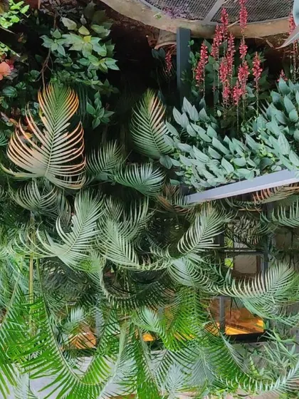 The dense foliage in the hotel's courtyard creates a cool and shaded microclimate, demonstrating the principles of bioclimatic architecture.