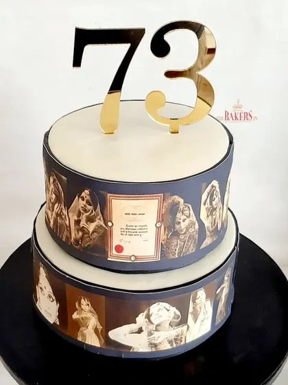 A gorgeous cake for Dr. Shovana Narayan's 73rd birthday, a renowned Kathak dancer. This no-fondant cake features an edible photo reel of her graceful dance poses, a tribute to her incredible artistry.
