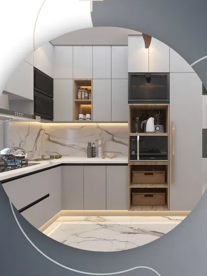 A design concept for a kitchen, showing a tall unit for appliances and a marble-patterned backsplash.
