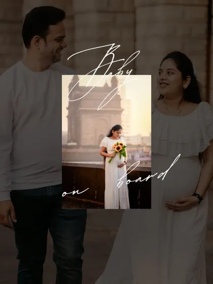 A stylishly designed graphic announcing 'Baby on board', featuring a beautiful maternity photo at the Gateway of India.