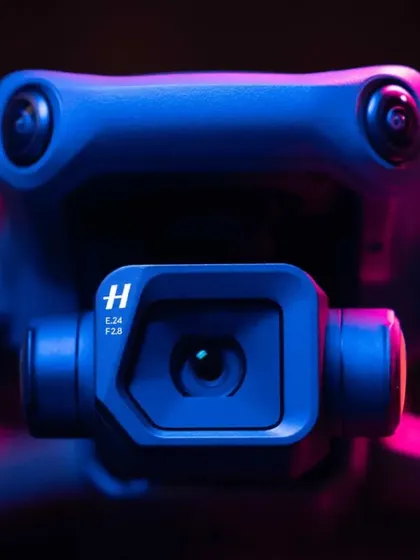 A close-up of the Hasselblad camera and gimbal system on the DJI Mavic 3. This advanced camera technology is what allows me to shoot high-quality, smooth aerial video and photography even in challenging low-light conditions.
