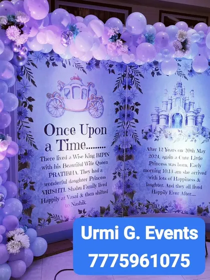 A unique take on a princess party with a giant, open storybook backdrop. The pages tell the birthday girl's own "once upon a time" story, framed by a beautiful lavender and white balloon arch.