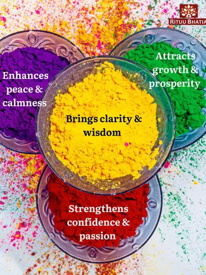 Holi is a festival of vibrant energies, and each color has a spiritual significance. In this image, I show how different colors like purple, green, yellow, and red can be used to attract peace, prosperity, wisdom, and confidence into your life.