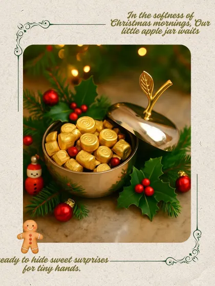 In the softness of Christmas mornings, our little apple jar waits to hide sweet surprises. This silver-plated jar is a delightful piece for holding candies or small treats.