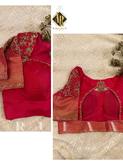A red blouse with a unique cutout at the back. The sleeves feature heavy embroidery, while the rest of the blouse is kept simple to create a balanced look.