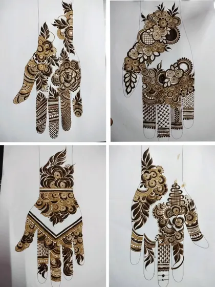 A showcase of four more unique hand designs, demonstrating different ways to use floral elements, paisleys, and negative space.