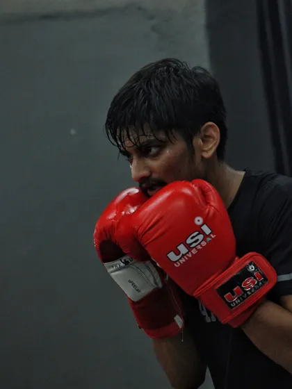A close up of a fighter's stance and guard. We are obsessed with getting the fundamentals right.
