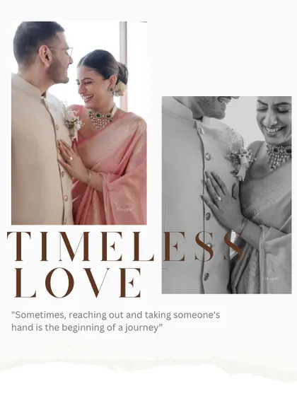 "Timeless Love." A collage showing close-ups of the couple's hands and embrace, focusing on the small gestures of connection.