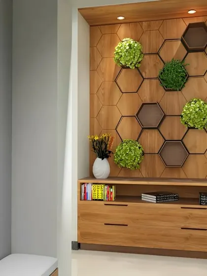This entryway wall features a unique hexagonal shelving unit made of wood, with some sections filled with artificial greenery. The design is modern, natural, and provides a creative display space.