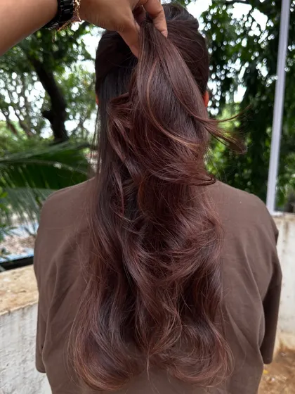 The ponytail view of the 'Chestnut Brown' hair.