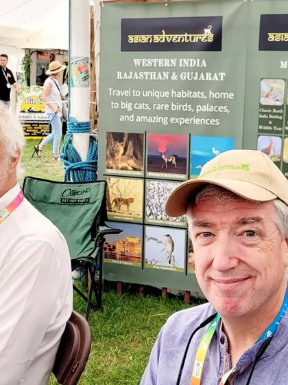 Two members of the international birding community at our stall. The Global Birdfair is a place for us to exchange knowledge and plan future conservation-focused journeys.