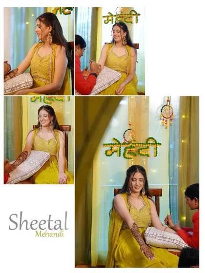 A collage showing the bride getting her Mehandi applied. It captures the process and her happy, patient expressions during this important pre-wedding ritual.