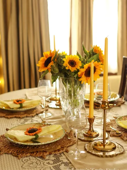 Weekend vibes with a sunflower-themed tablescape. My handmade napkin ties are the star of the show.