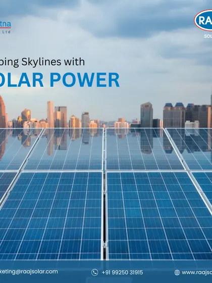 We are shaping skylines with solar power. This image of a city skyline reflected in our solar panels symbolizes our role in building modern, sustainable urban environments.