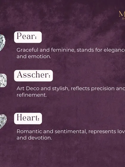 For those who love graceful and romantic styles, the Pear shape stands for elegance, the Art Deco Asscher cut reflects precision, and the Heart shape is the ultimate symbol of love and devotion.