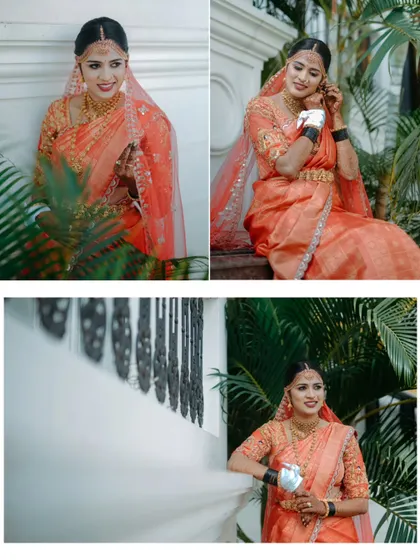 A collage of the bride getting ready, capturing her elegance and the intricate details of her wedding look.