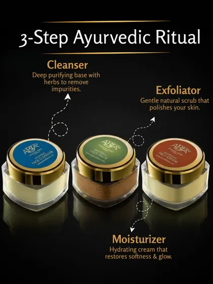 My 3-Step Ayurvedic Mini Facial Kit is a complete ritual. It starts with a deep-purifying cleanser, followed by a gentle natural exfoliator to polish the skin, and finishes with a hydrating moisturizer to restore softness and glow. Each step is designed to work in harmony for comprehensive skin nourishment.
