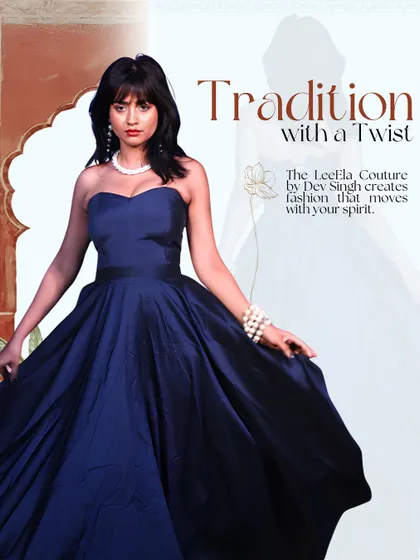 Tradition with a twist. This poster from one of our shoots features a model in a custom navy blue strapless gown, showcasing how we create fashion that moves with your spirit.