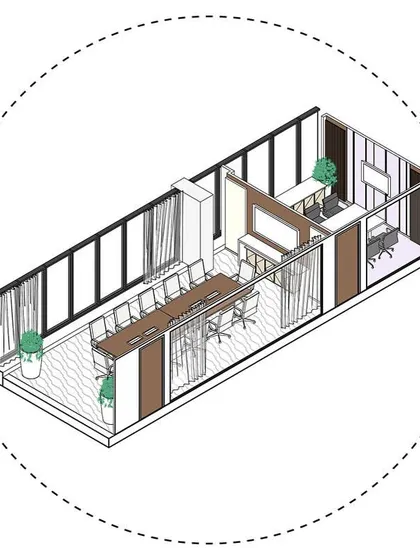 A detailed axonometric drawing of a meeting room and adjacent office suite from 'The Office with A View'. This technical drawing illustrates the spatial relationships and furniture layout planned for the executive area.