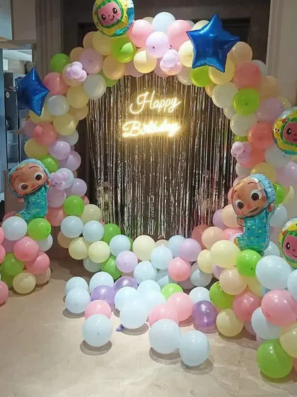 This view shows the placement of the Cocomelon characters on the balloon arch, creating a balanced and visually appealing decoration.
