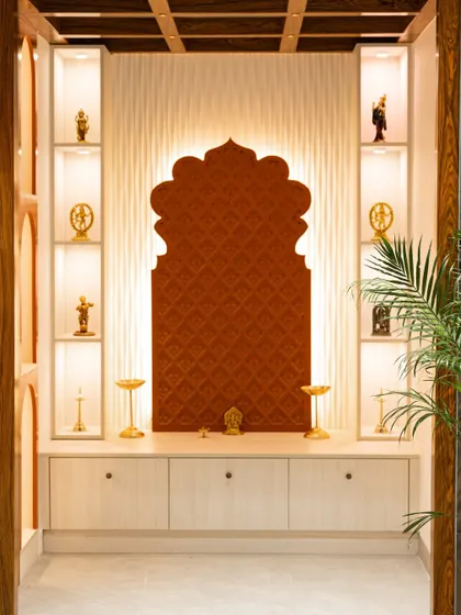 A beautifully lit pooja unit on display at my Hyderabad Experience Center. This allows you to see the craftsmanship and material quality up close.
