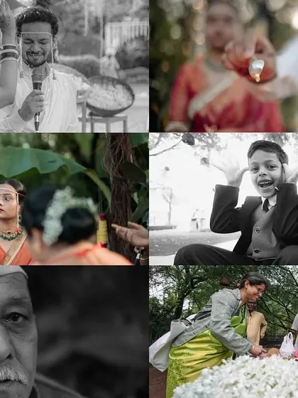 A collage of candid and poignant moments from a wedding. It includes portraits of guests, playful children, and details of the ceremony, creating a documentary-style overview.
