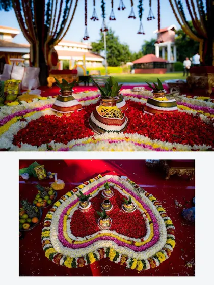 A close-up of the intricate floral decorations at the wedding ceremony, showcasing the vibrant colors and traditional designs.