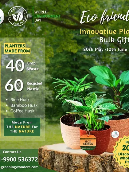 This image details the composition of our signature Eco-Series pots, made from 40% crop waste and 60% recycled plastic. We are proud to offer stylish, durable planters that are made from nature, for nature.