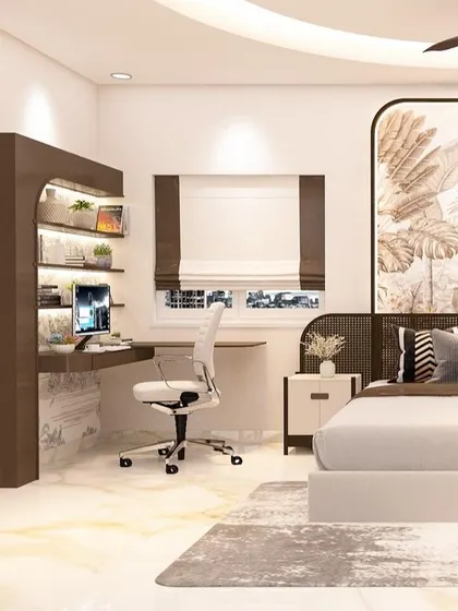 For the chocolate lovers, this bedroom combines rich brown tones with a sleek, integrated study desk and open shelving.