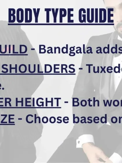 Our body type guide helps you choose the best silhouette. A Bandhgala adds structure to a lean build, while a Tuxedo balances broad shoulders.