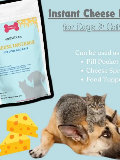 My Instant Cheese Mix is a versatile treat for both dogs and cats. You can use it as a pill pocket to hide medicine, a creamy cheese spread, or a tasty food topper to entice picky eaters.